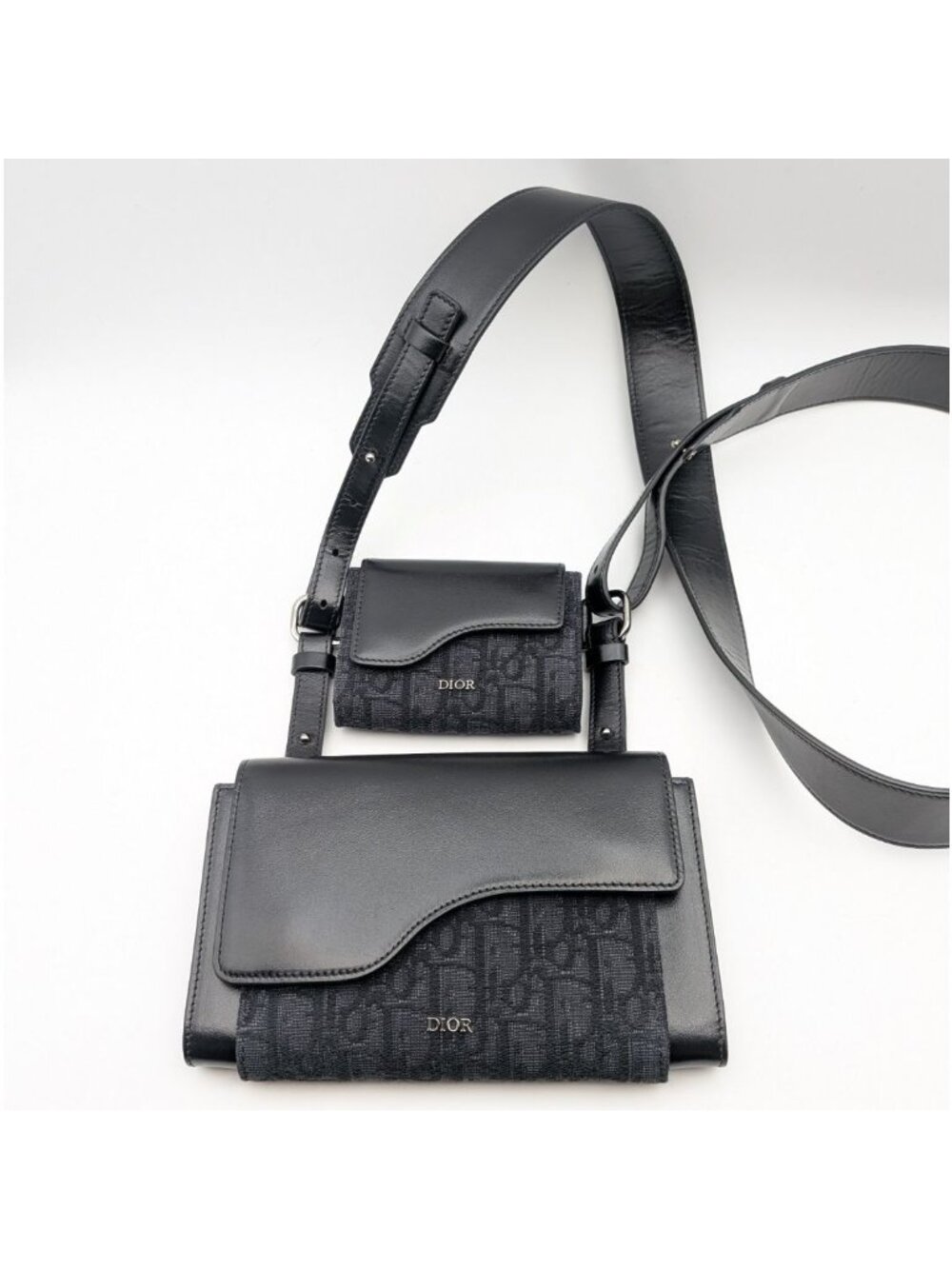 Dior Elite Oblique Jacquard Leather Canvas Black Navy Double Pouch Shoulder Bag